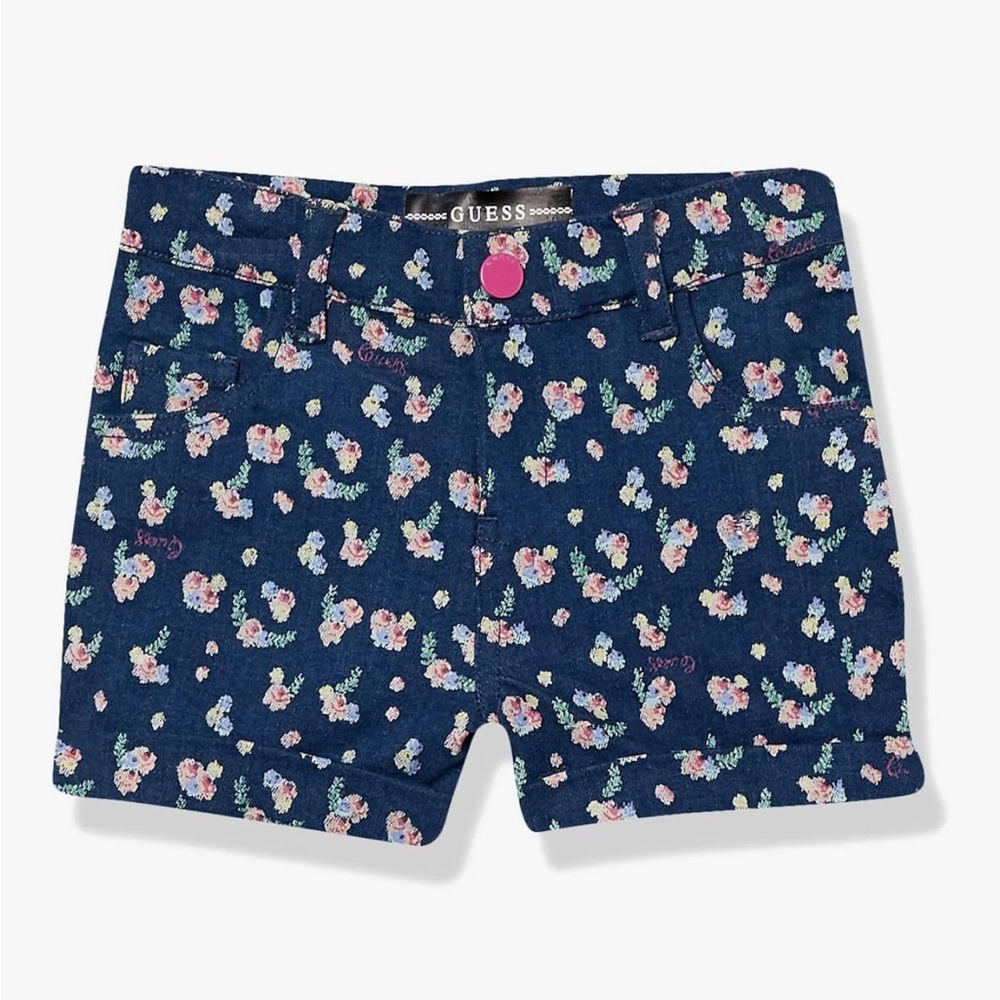 GUESS All Over Floral Print Stretch Denim Pocket Shorts adjustable waist size 4